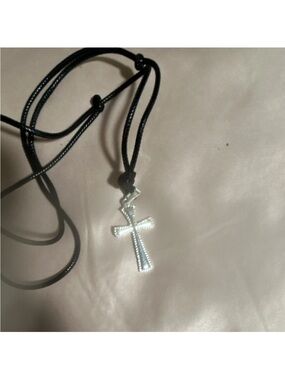 Silver Cross Pendant on Black Cord Necklace
